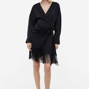 H & M satin long sleeve fringe trim wrap dress | size S